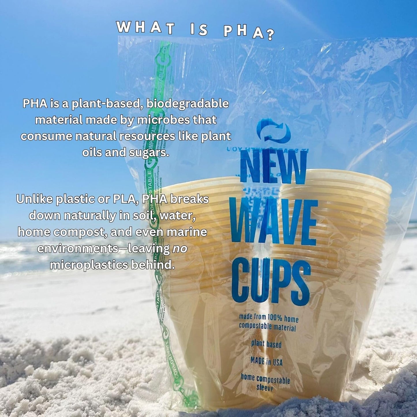 New Wave Cups™ - 16 oz PHA Home Compostable Cups, Biodegradable & Plant-Based | Eco-Friendly, Sustainable, Made in USA | Greener than PLA Disposable Cups | 30 Count